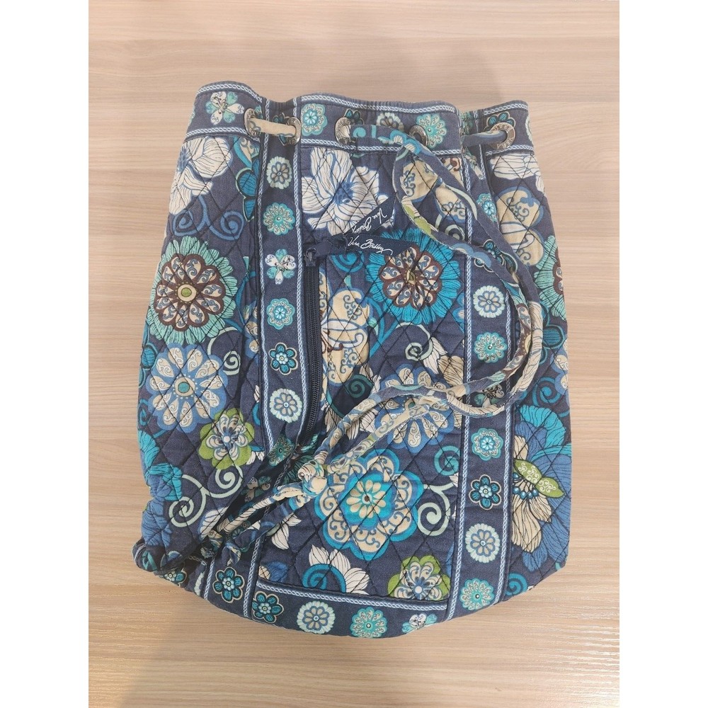 Vera Bradley‎ Backpack Bag Large Mod Blue Floral 100% Quilted Cotton Drawstring